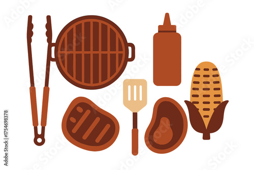 Flat lay arrangement of outdoor grilling equipment, raw meat cuts, corn, and condiment bottle
