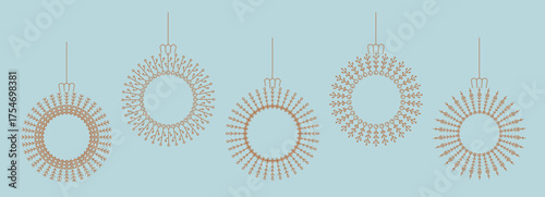 Scandinavian otanical line Merry Christmas, Happy New Year bauble, ball elements for greeting card, banner, poster, invitation, cover. Thin line round vector toys with fir branc, berry