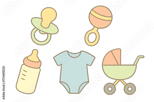 Collection of essential newborn baby items including pacifier rattle bottle onesie and stroller