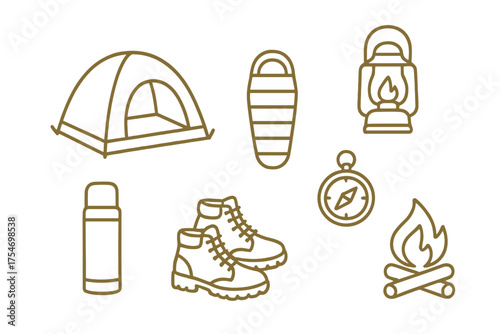 Set of essential outdoor camping and hiking equipment line icons