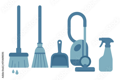 Set of essential household cleaning tools including vacuum, broom, mop, and spray bottle