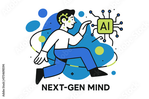 AI-Enhanced Human. Human evolution enhanced by AI. Character with glowing neural implants interacting with