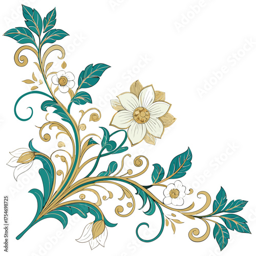 Decorative floral corner element with gold and teal accents.