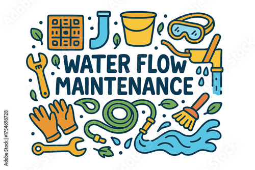 Doodle Water Flow Tools. Water Flow Maintenance. Hand-drawn doodle illustration of Water Flow Maintenance.
