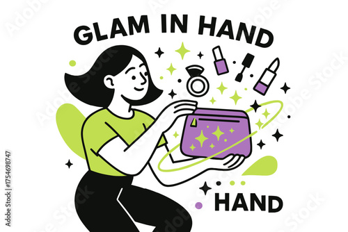 Glamorous Cosmetic Display. Cosmetic bag. Character holding glowing cosmetic bag with orbiting neon sparkles