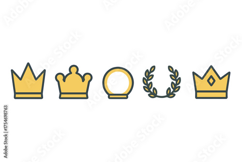 Gold achievement symbols: three crowns, laurel wreath, and pedestal ring