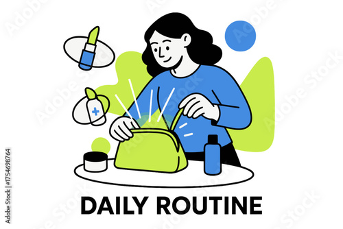 Glowing Cosmetic Bag. Cosmetic bag. Character unpacking glowing cosmetic bag on abstract vanity, floating