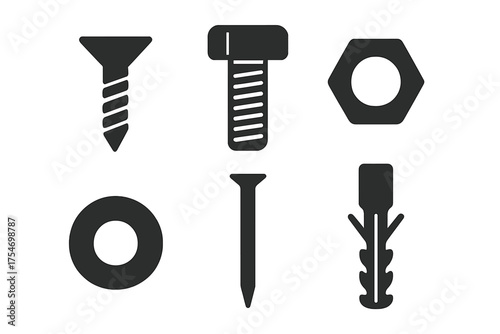 Set of construction and carpentry hardware symbols: screw, bolt, nut, washer, nail, and wall anchor