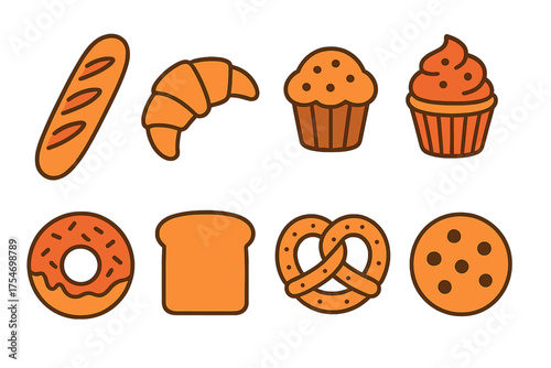 Set of baked goods icons including croissant, donut, cookie, cupcake, and baguette