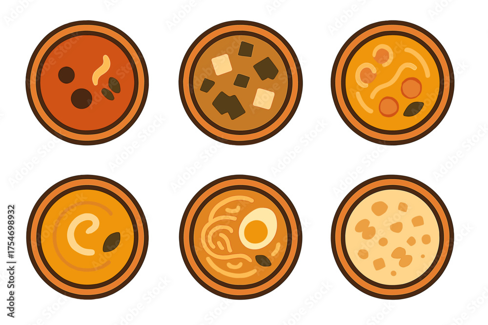 Obraz premium Collection of six Asian soup bowls viewed from above with various ingredients