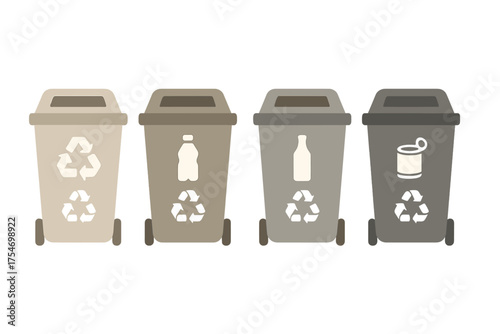 Collection of separate garbage containers for sorting plastic, glass, metal, and general recyclable materials