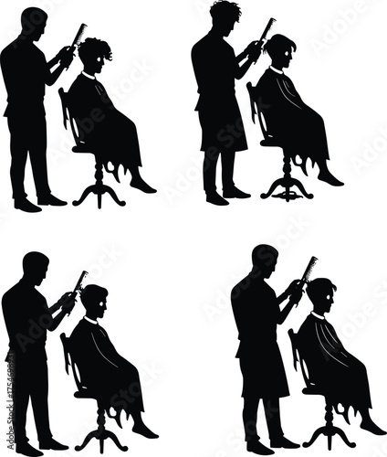 Barber cutting hair, black silhouette illustration, professional grooming service, haircut process art, barbershop design, client interaction, hairstyle scene, classic salon artwork
