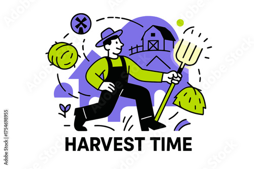 Glowing Harvest Scene. Pitchfork handle. Character holding glowing pitchfork in abstract barn, floating