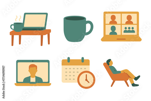 Cozy remote work and breaks icons , laptop, mug, calls, schedule