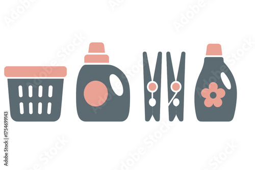 Essential laundry day items including a basket, detergent bottles, and clothespins