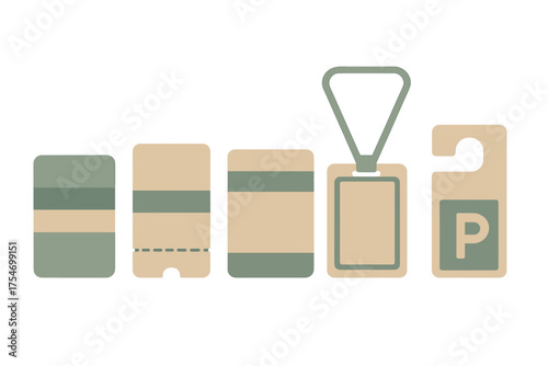 Set of hotel access key cards identification badge and parking door hanger passes