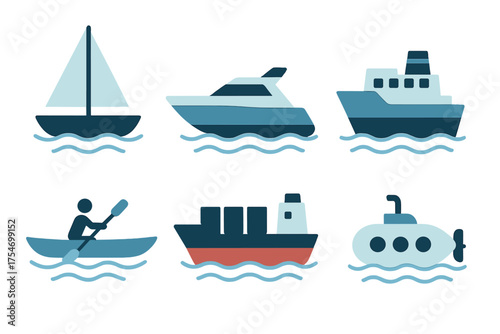 Set of water transportation vessels including sailboat, yacht, cargo ship, submarine, and kayak