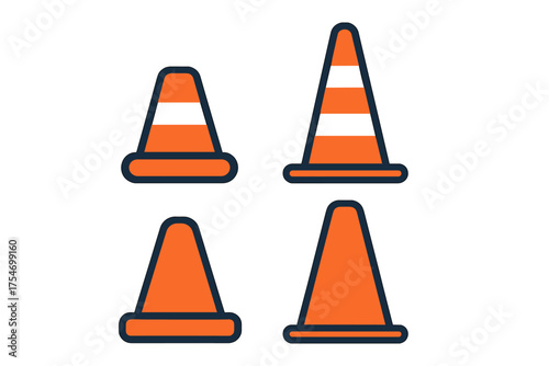 Set of four orange traffic safety cones used for road construction and warning signs