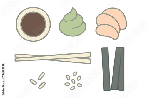 Set of essential Japanese cuisine elements including soy sauce wasabi sashimi and chopsticks