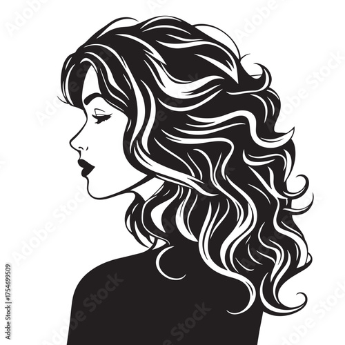 Vector art of stylish woman with voluminous wavy hair logo silhouette illustration.