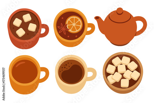 Cozy autumn and winter hot drinks collection with cocoa, spiced tea, coffee, mugs, teapot, and sugar cubes