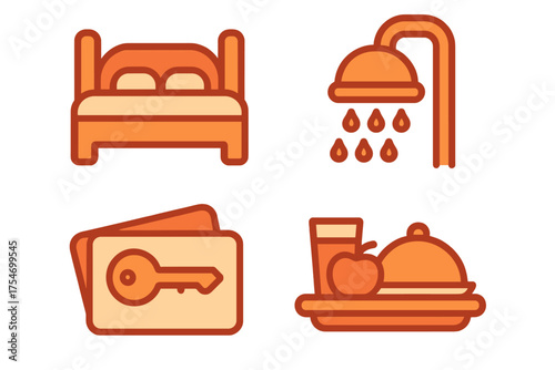 Hotel amenities icons set for sleeping, bathing, room access, and dining services