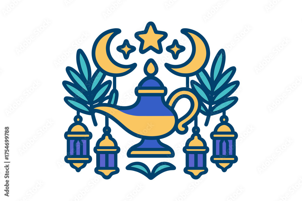 Fototapeta premium Traditional Arabian oil lamp surrounded by crescent moons, stars, and decorative hanging lanterns