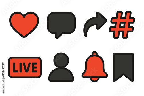 Essential social media interface symbols for interaction like comment share and live stream