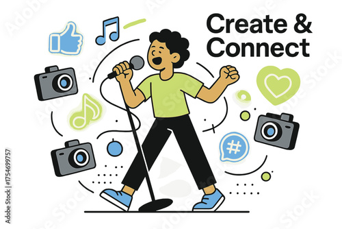 Glowing Music Creation. Music and social media. Character recording glowing music video with floating cameras,