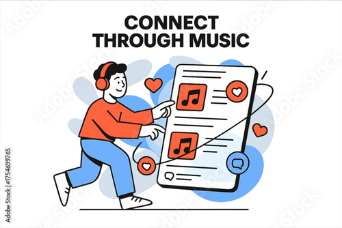 Music in Social Media. Music and social media. Character interacting with glowing social media feed with
