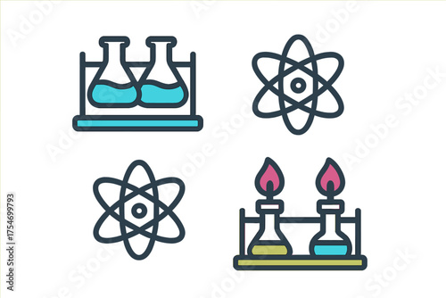 Chemistry and science icons set with laboratory flasks atomic models and burning apparatus