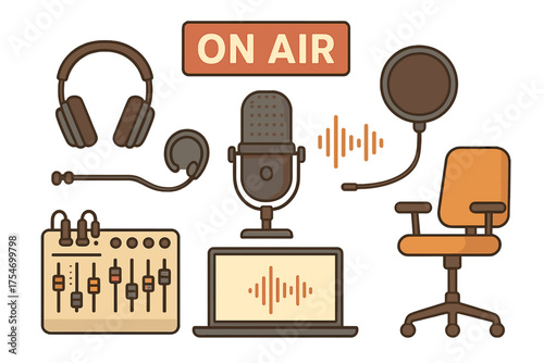 Professional audio recording equipment set with microphone mixing board and headphones