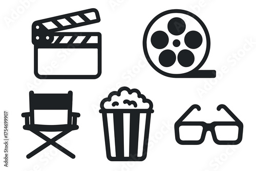 Set of essential symbols for cinema, movie production, and entertainment industry