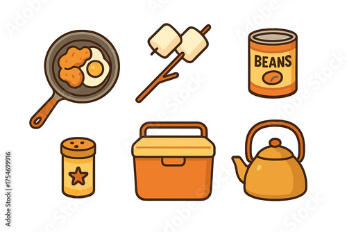 Collection of essential camping and outdoor cooking supplies including food, cooler, and kettle