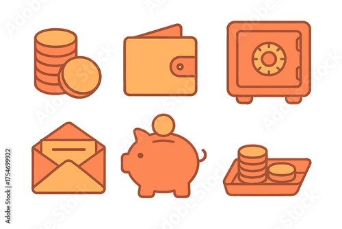 Financial icons set with piggy bank, safe, wallet, and stacked coins for saving concepts
