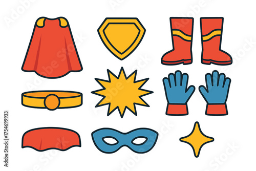 Set of comic book hero accessories including cape mask boots and emblem