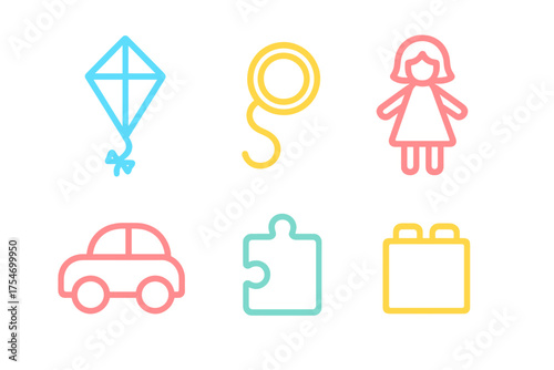 Set of colorful outline icons representing children's toys and common playtime objects