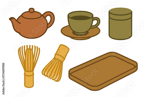 Traditional Japanese tea ceremony utensils and accessories set on white background