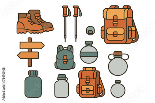 Essential outdoor adventure equipment including hiking boots backpacks trekking poles and water bottles