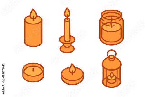 Collection of burning wax candles in pillar, taper, tea light, jar, and lantern shapes