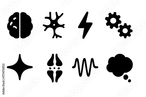 Neural Activity Icons. Neural Activity. Filled icon set of Neural Activity: brain, neuron, lightning bolt,