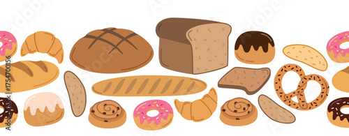 Horizontal border with different types of bread and bakery products. Background with elements of food isolated on white. 