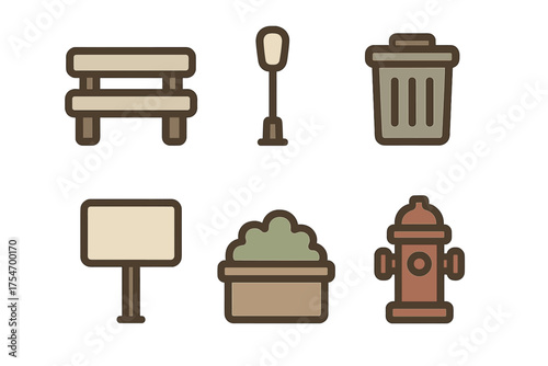 Six outdoor public space items: bench, street light, trash bin, sign, plant, and fire hydrant