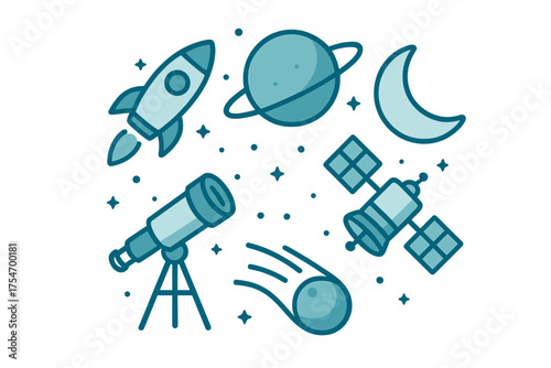 Collection of space exploration and astronomy objects: rocket, planet, moon, satellite, telescope, comet
