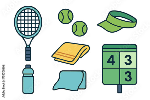 Tennis sports equipment collection with racket balls scoreboard and visor icons