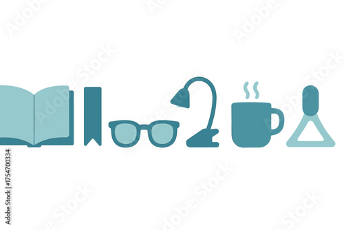 Essential icons set for reading studying and working: book, glasses, lamp, and hot beverage mug