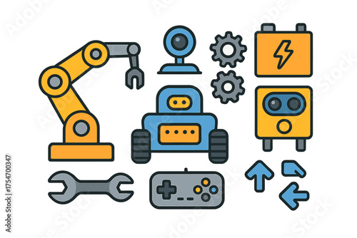 Set of icons representing robotics engineering components and electronic parts for automation projects