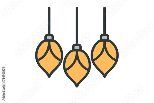 Three hanging decorative ornaments with yellow teardrop shapes and dark outlines on white