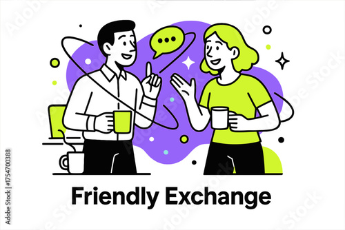 Glowing Breakroom Exchange. Small talk. Abstract glowing office breakroom scene with floating orbiting