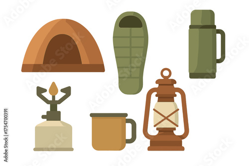 Essential outdoor adventure equipment set including tent, sleeping bag, camping stove, lantern, and thermos